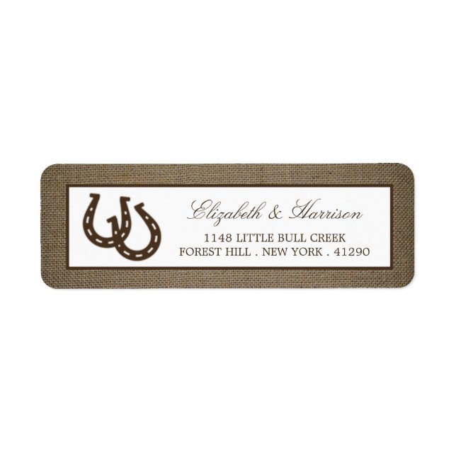 Country Rustic Horseshoe On Burlap Wedding Label (Front)
