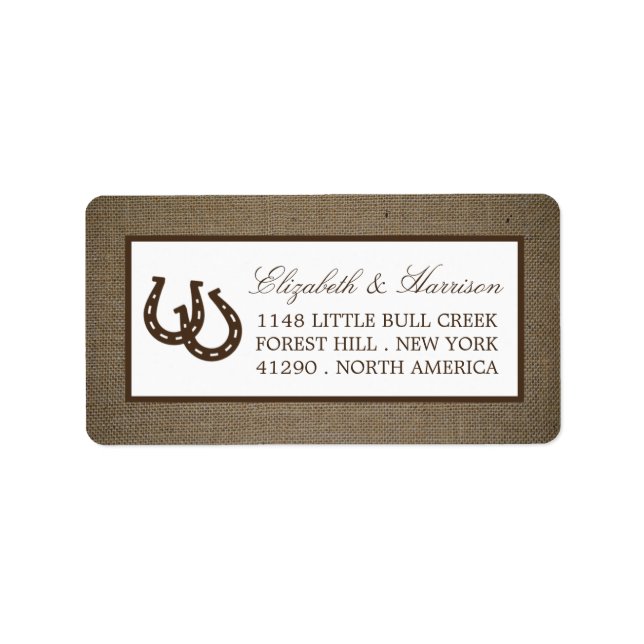 Country Rustic Horseshoe On Burlap Wedding Label (Front)