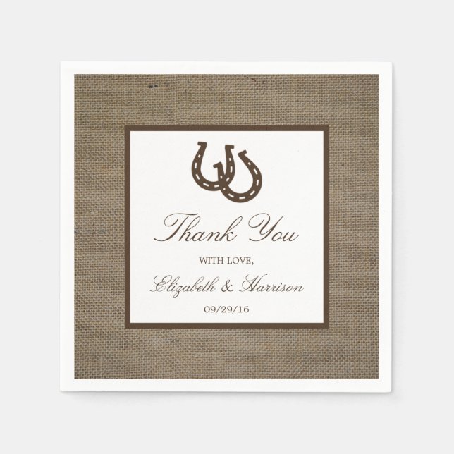 Country Rustic Horseshoe On Burlap Wedding Napkins (Front)