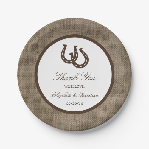 Country Rustic Horseshoe On Burlap Wedding Paper Plates