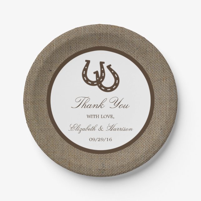 Country Rustic Horseshoe On Burlap Wedding Paper Plates (Front)