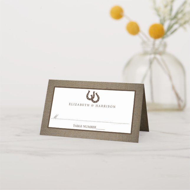 Country Rustic Horseshoe On Burlap Wedding Place Card (Front)