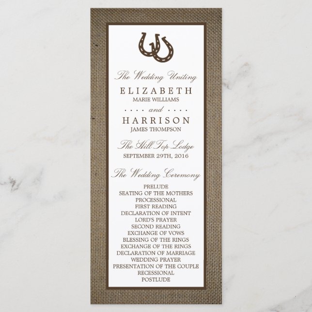 Country Rustic Horseshoe On Burlap Wedding Program (Front)