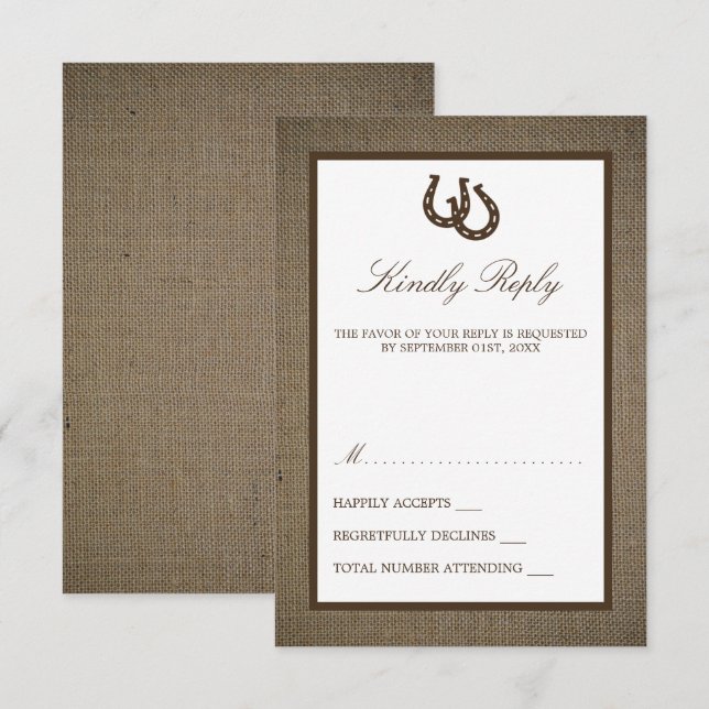 Country Rustic Horseshoe On Burlap Wedding RSVP Card (Front/Back)