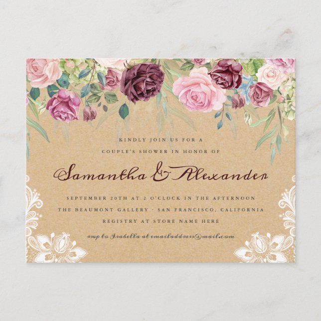 Country Rustic Kraft Lace Floral Couple's Shower Invitation Postcard (Front)