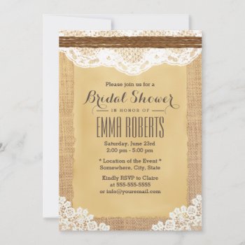 Country Rustic Lace & Twine Burlap Bridal Shower Invitation by myinvitation at Zazzle