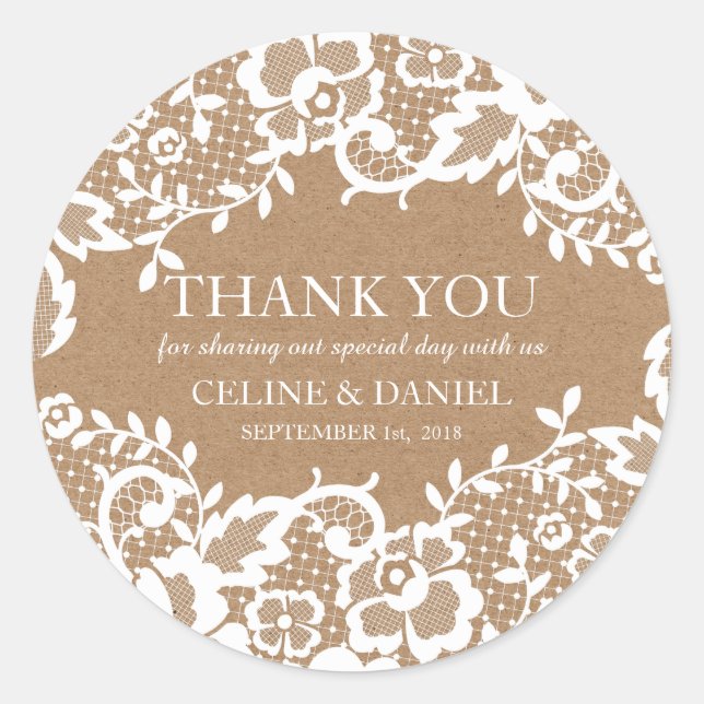 Country Rustic Lace Wedding Thank You Classic Round Sticker (Front)