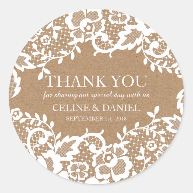 Country Rustic Lace Wedding Thank You Classic Round Sticker | Zazzle
