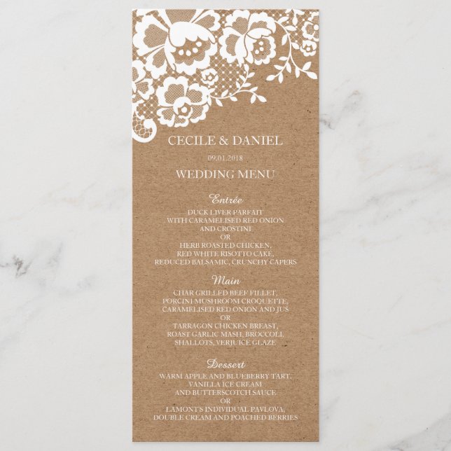 Country Rustic Lace Wedding Wedding Menu (Front)