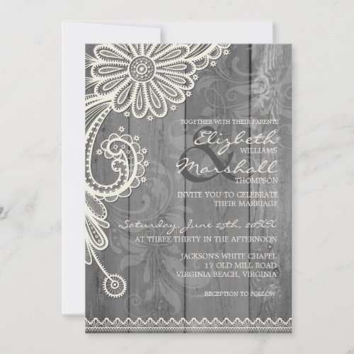 Country Rustic Lace &amp; Wood Floral Wedding Invite