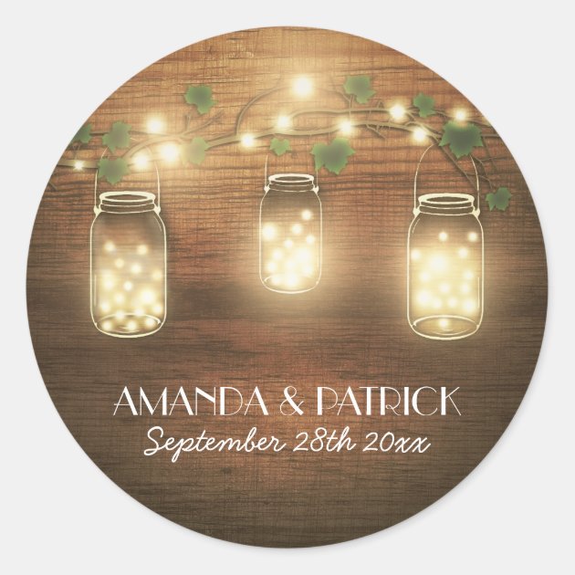Country Rustic Lights Mason Jar Wedding Favors Classic Round Sticker