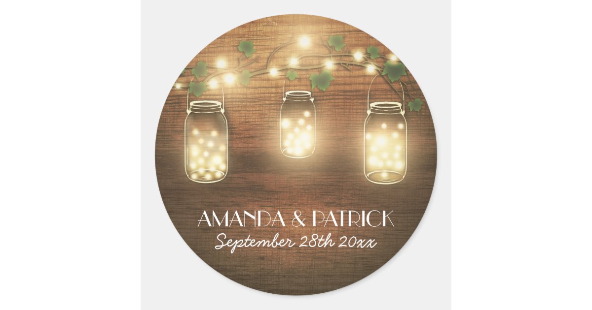 Country Rustic Lights Mason Jar Wedding Favors Classic Round Sticker ...