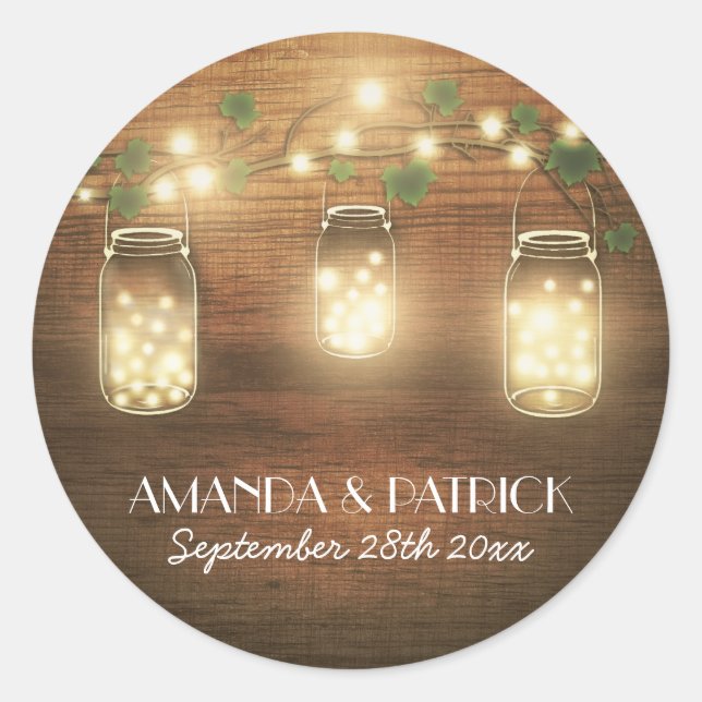 Country Rustic Lights Mason Jar Wedding Favors Classic Round Sticker (Front)