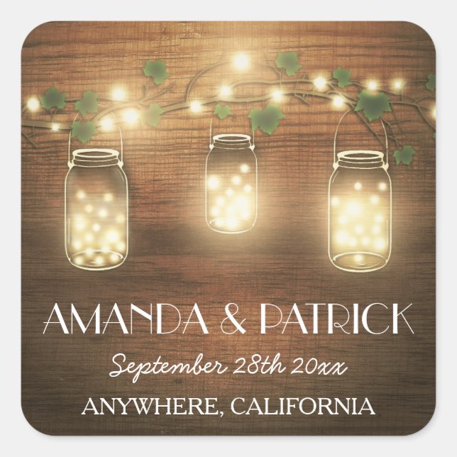 Country Rustic Lights Mason Jar Wedding Favors Square Sticker (Front)