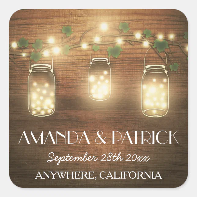 Country Rustic Lights Mason Jar Wedding Favors Square Sticker | Zazzle