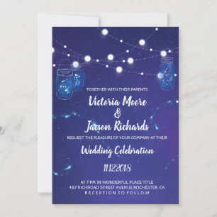 Country Rustic lights mason jars fireflies Wedding Invitation