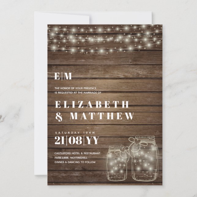 Country Rustic Lights Mason Jars Wedding Invites (Front)