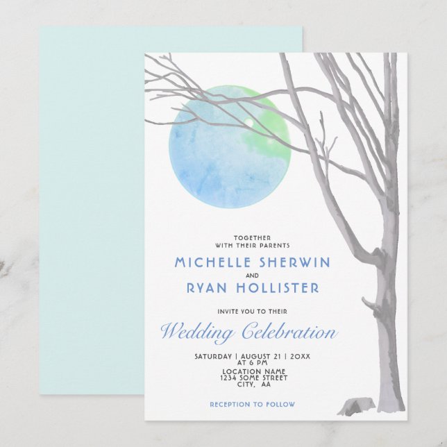 Country Rustic Lonely Tree and Moon Wedding Invitation (Front/Back)