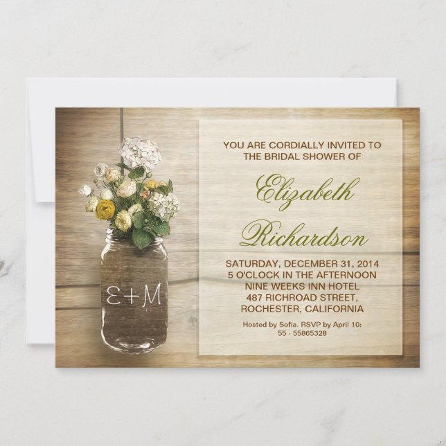 country rustic mason jar bridal shower invitations (Front)