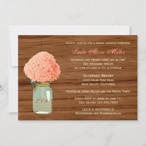 Country Rustic Mason Jar Coral Dark Bridal Shower Custom Invitations