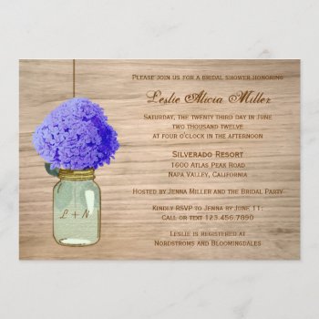 Country Rustic Mason Jar Cornflower Blue Hydrangea Invitation by InvitationBlvd at Zazzle