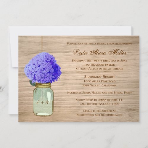 Country Rustic Mason Jar Cornflower Blue Hydrangea Invites
