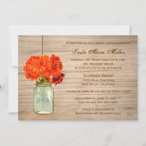 Country Rustic Mason Jar Flowers  Bridal Shower Personalized Invites