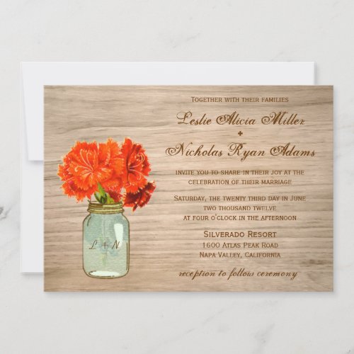 Country Rustic Mason Jar Flowers Wedding Custom Invitation