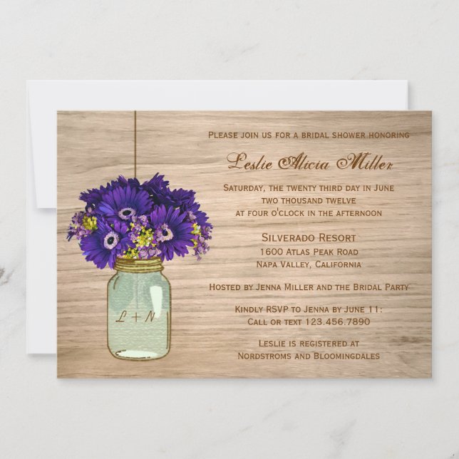 Country Rustic Mason Jar Gerbera Daisies Invitation (Front)