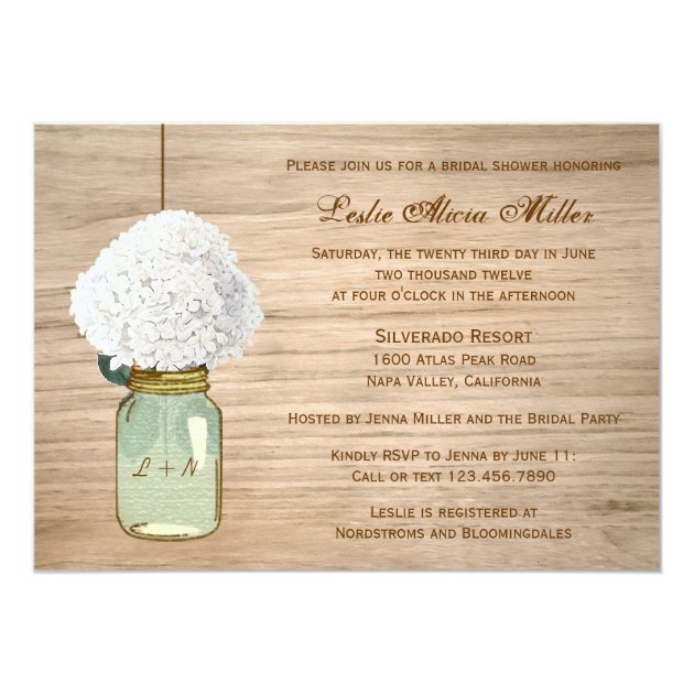 Country Rustic Mason Jar Hydrangea Bridal Shower Invitation