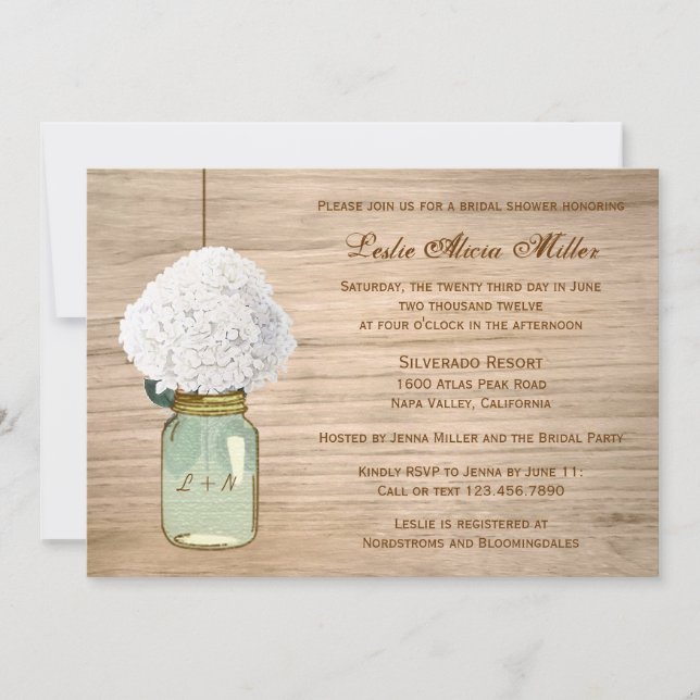 Country Rustic Mason Jar Hydrangea Bridal Shower Invitation (Front)