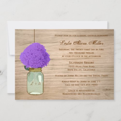 Country Rustic Mason Jar Hydrangea Bridal Shower Personalized Announcement