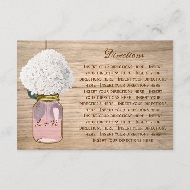 Country Rustic Mason Jar Hydrangea Directions Enclosure Card (Front)