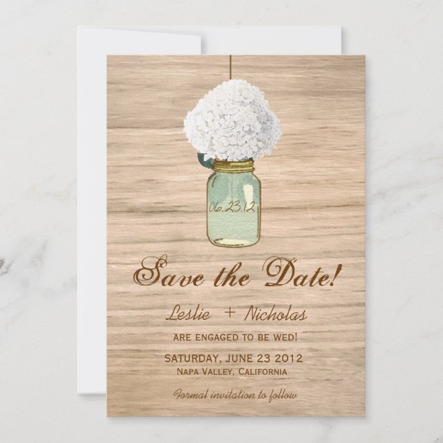 Country Rustic Mason Jar Hydrangea Save the Date (Front)
