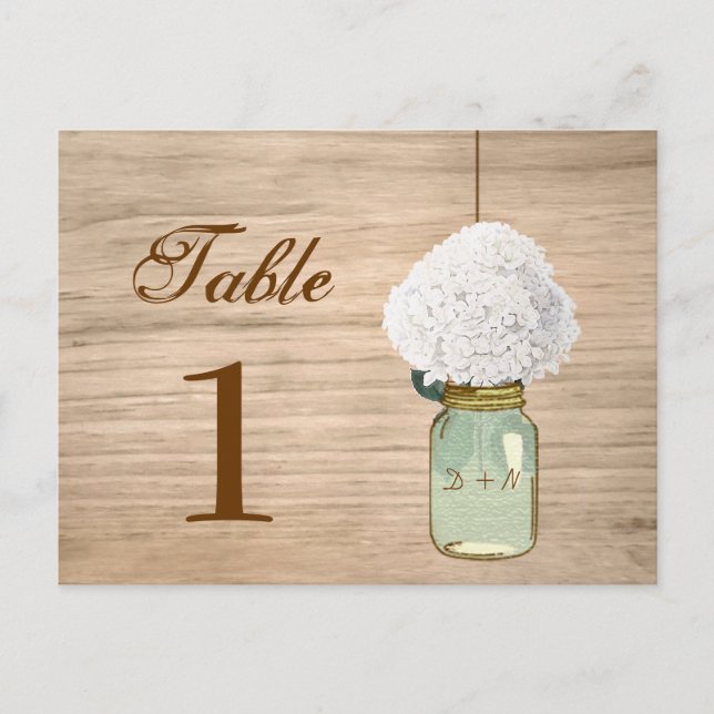 Country Rustic Mason Jar & Hydrangea Table Number (Front)