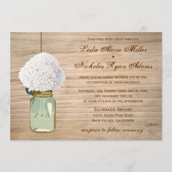 Country Rustic Mason Jar Hydrangea Wedding Invitation by InvitationBlvd at Zazzle