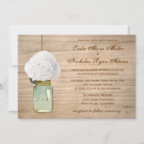 Country Rustic Mason Jar Hydrangea Wedding Custom Invite