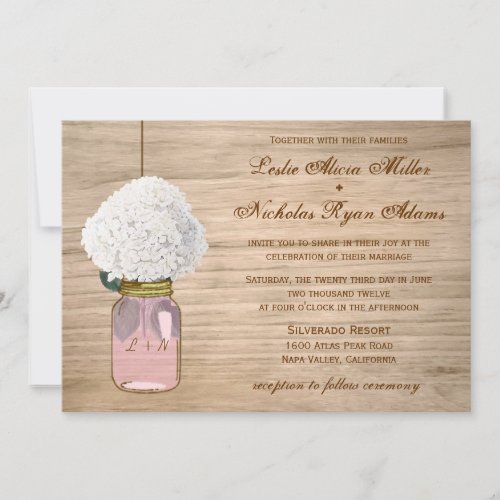 Country Rustic Mason Jar Hydrangea Wedding Custom Invitation