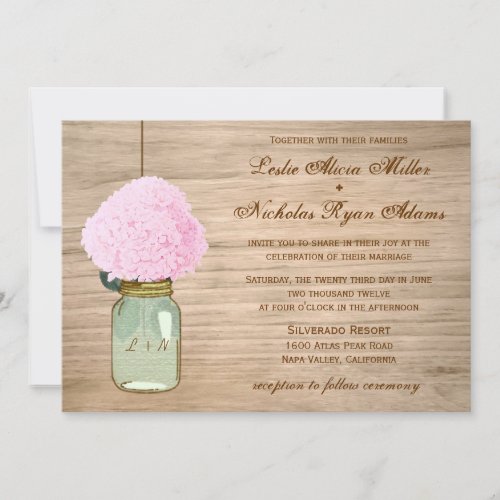 Country Rustic Mason Jar Hydrangea Wedding Custom Invitation