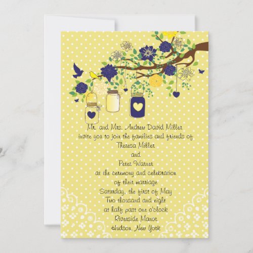 Country Rustic Mason Jar Navy Blue and Yellow Gold Custom Invitations