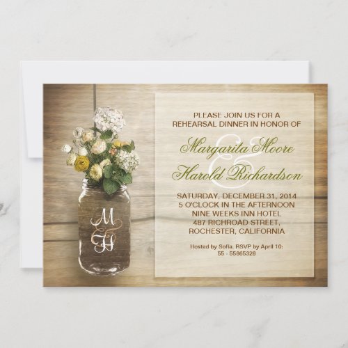 country rustic mason jar rehearsal dinner invites