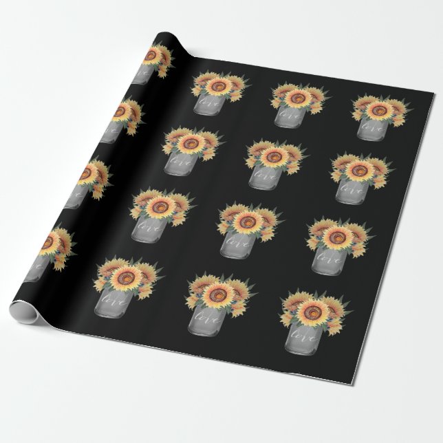 Country Rustic Mason Jar Sunflower Wedding Wrapping Paper (Unrolled)