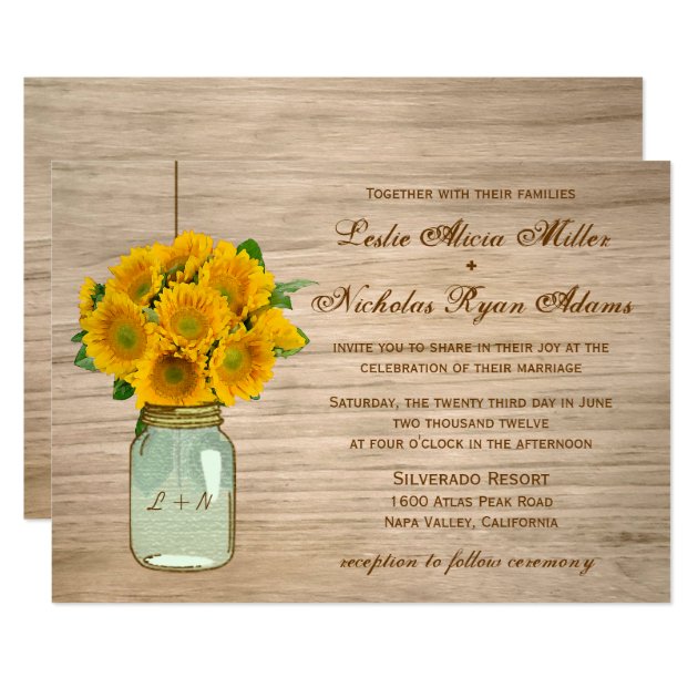 Country Rustic Mason Jar Sunflowers Wedding Invitation
