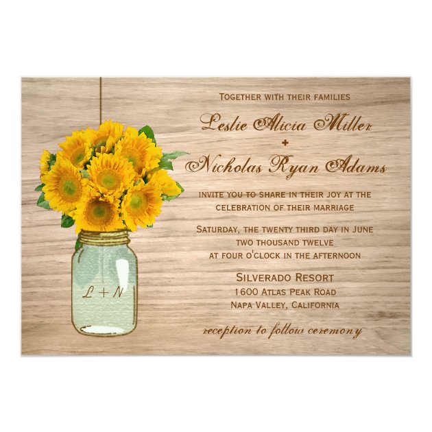 Country Rustic Mason Jar Sunflowers Wedding Invitation
