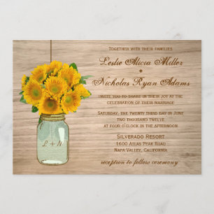 Country Rustic Mason Jar Sunflowers Wedding Invitation