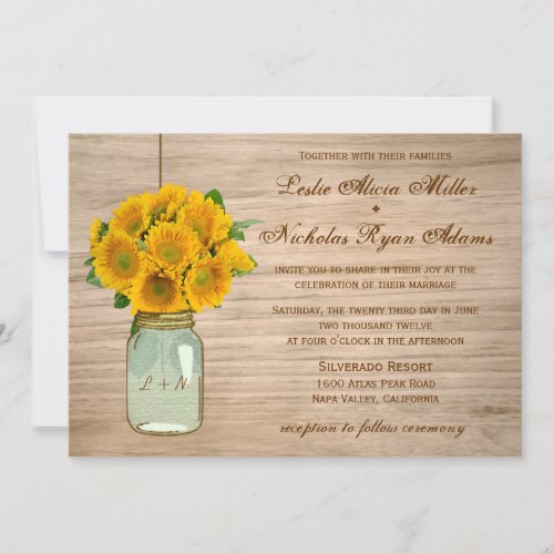 Country Rustic Mason Jar Sunflowers Wedding Custom Invite