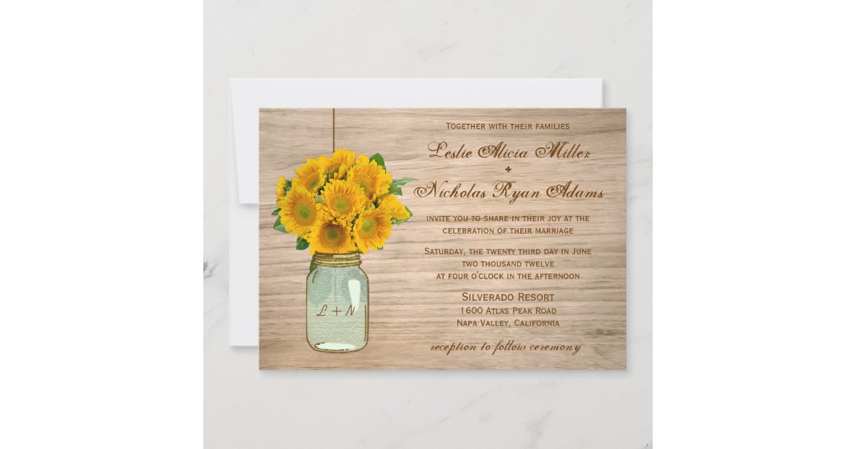 Country Rustic Mason Jar Sunflowers Wedding Invitation | Zazzle