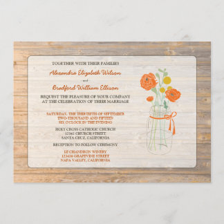 Country Rustic Mason Jar Wedding Invitation: coral Invitation