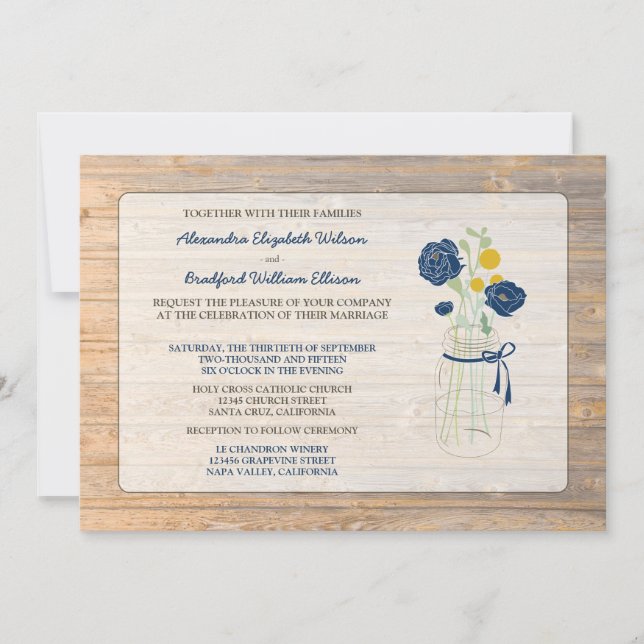 Country Rustic Mason Jar Wedding Invitation (navy) (Front)