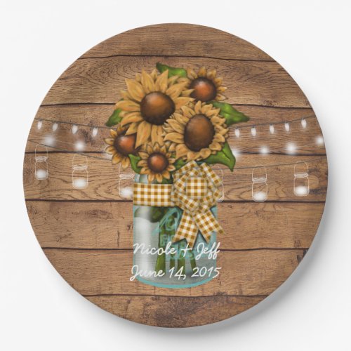 Country Rustic Mason Jar with Sunflower Paper Plates